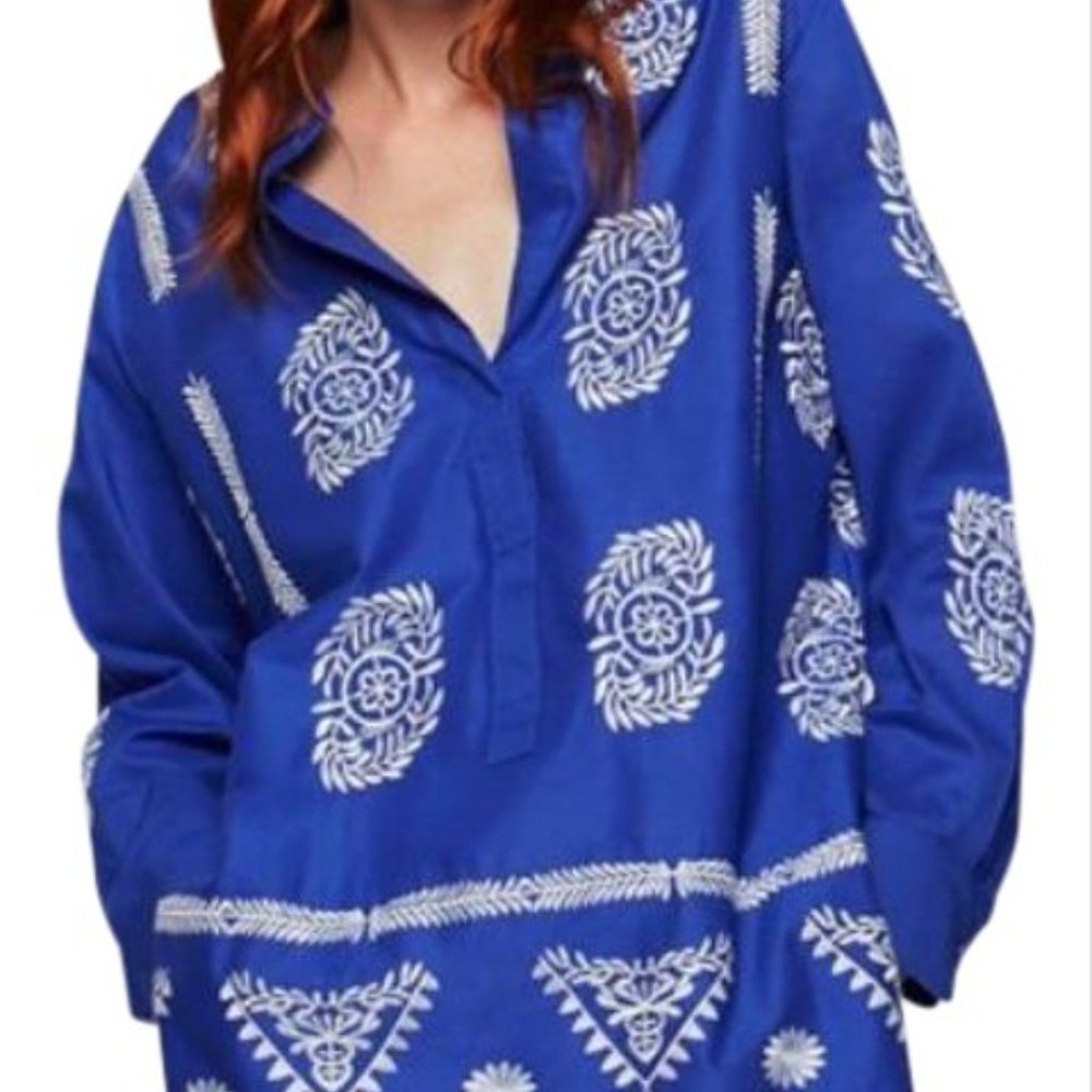 ZARA Embroidered Cotton Tunic Hi Lo Hem Blue with White Sz L/XL - Picture 10 of 13